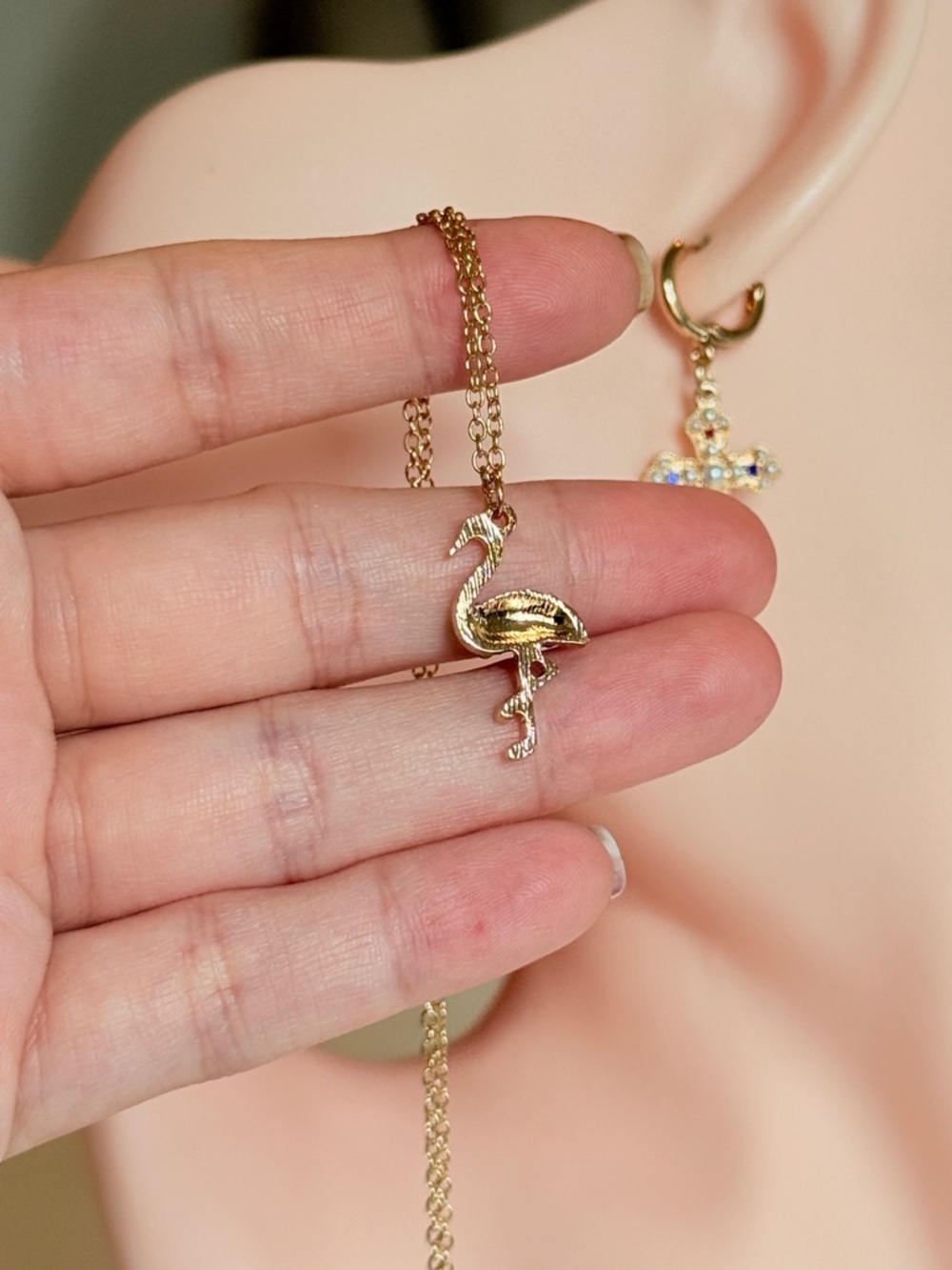 Gold Flamingo Pendant Necklace with Pink Crystal Accent - Picture 9 of 9